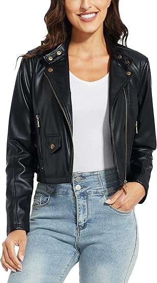 Fahsyee Black Faux Leather Moto Jacket — Black faux leather moto jacket for women.