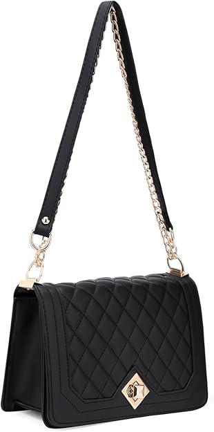 GOIACII Black Quilted Crossbody Bag — Quilted flap crossbody satchel shoulder handbag in black.