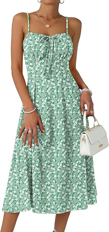 Caracilia Green Floral Spaghetti Strap Midi Sundress — Green floral spaghetti strap midi sundress for vacation and celebrations.
