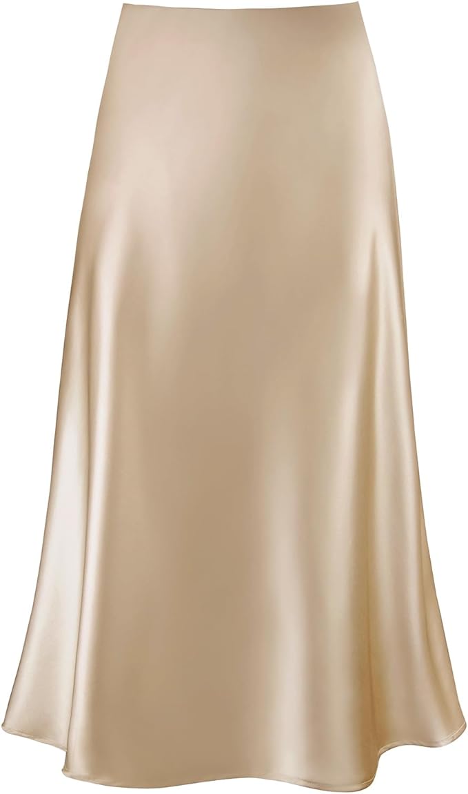 Champagne Satin Slip Midi Skirt — Champagne satin midi with elasticized waist.