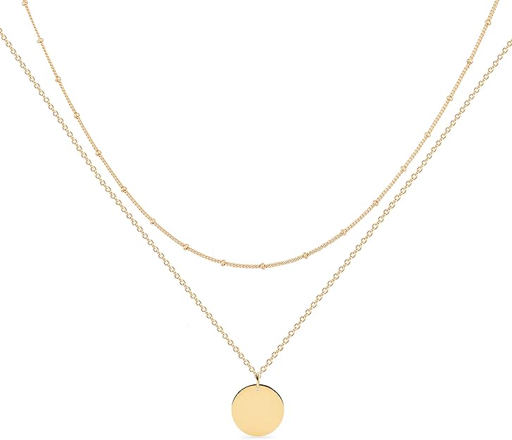 Gold Layered Disc Necklace — Layered satellite chain and gold coin pendant necklace.