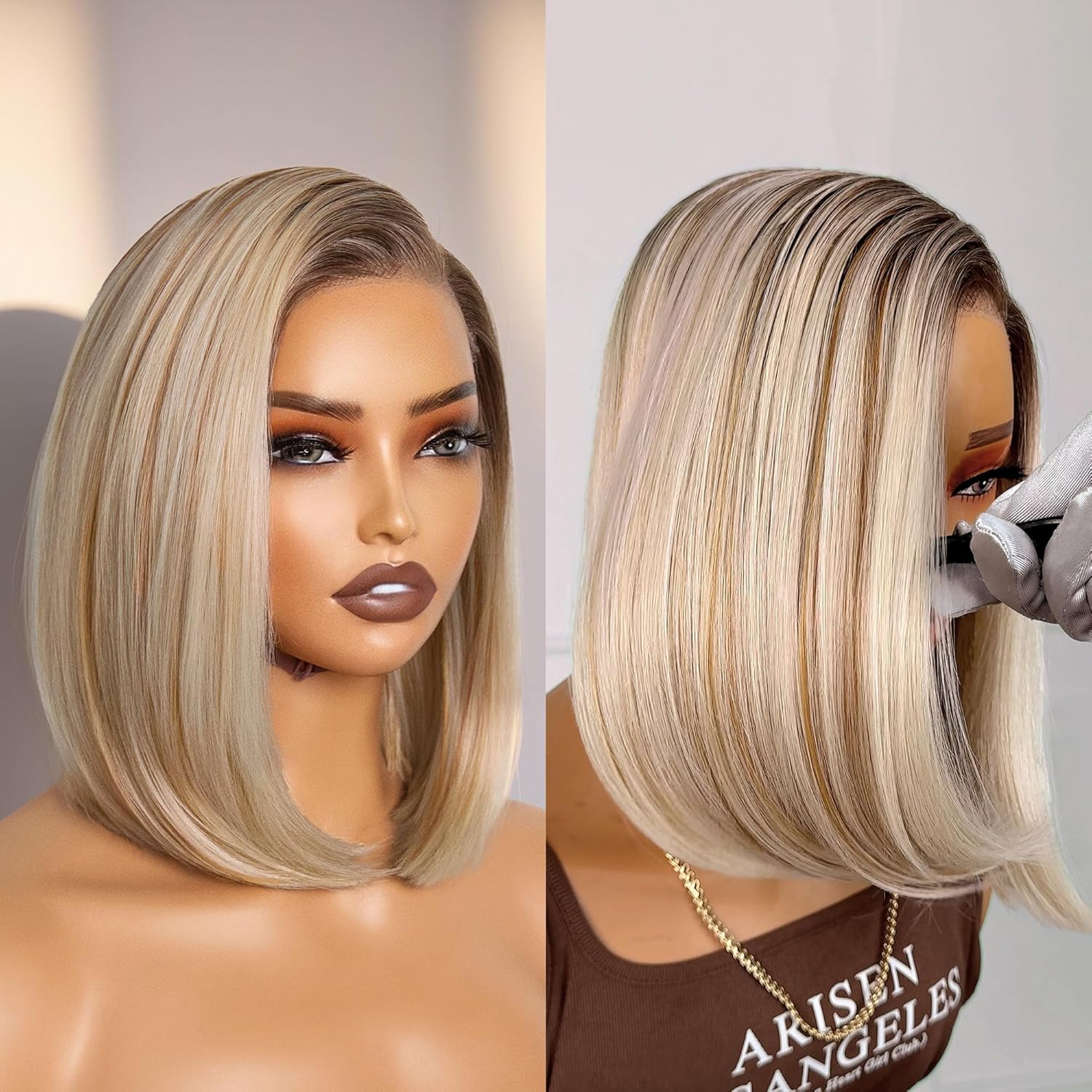 GORGIUS Blonde Bob Wig — Glueless blonde bob wig with chestnut highlights.