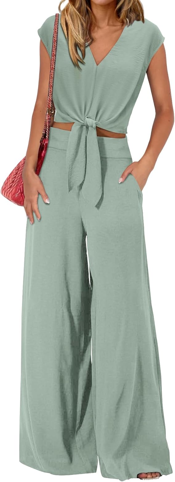 PRETTYGARDEN Sage Tie-Front Wide-Leg Set — Sage green two-piece tie-front wide-leg set.