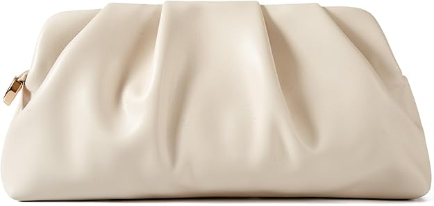 Cream Ruched Cloud Evening Clutch — Sculptural ruched evening clutch with detachable crossbody strap.