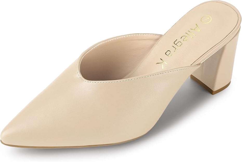 Allegra K Nude Pointed-Toe Mules — Pointed toe chunky slides in nude.