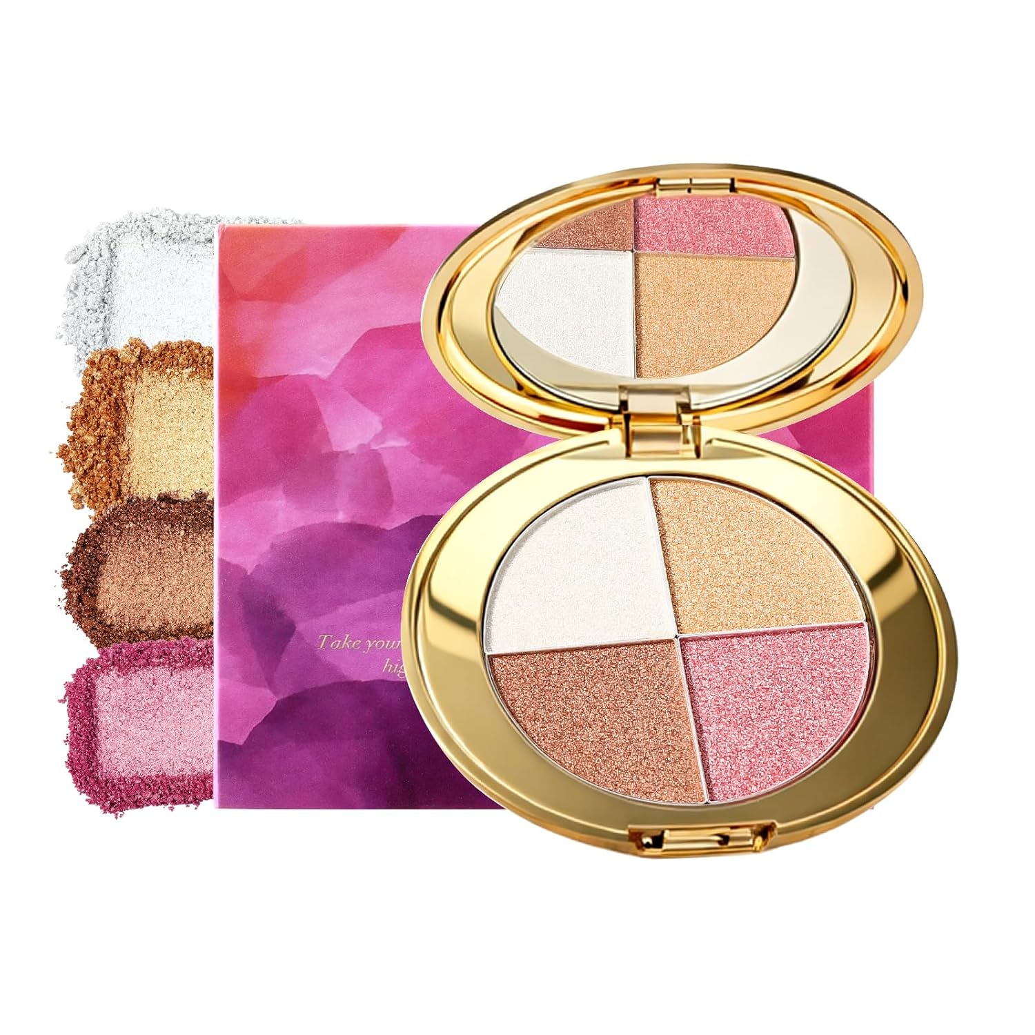 Eyes & Cheeks Highlighter Quad Palette — Travel-friendly highlighter quad palette for eyes and cheeks.