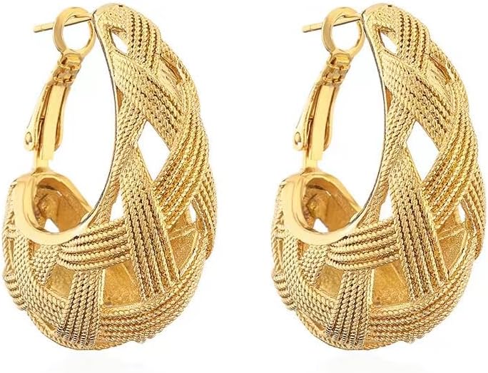 Gold Woven Hoop Earrings — Woven texture gold hoop earrings.
