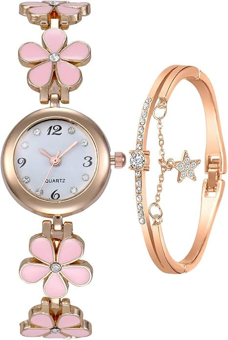 ADSBIAOYE Flower Watch & Bracelet Set — Floral watch and bracelet set for poolside.