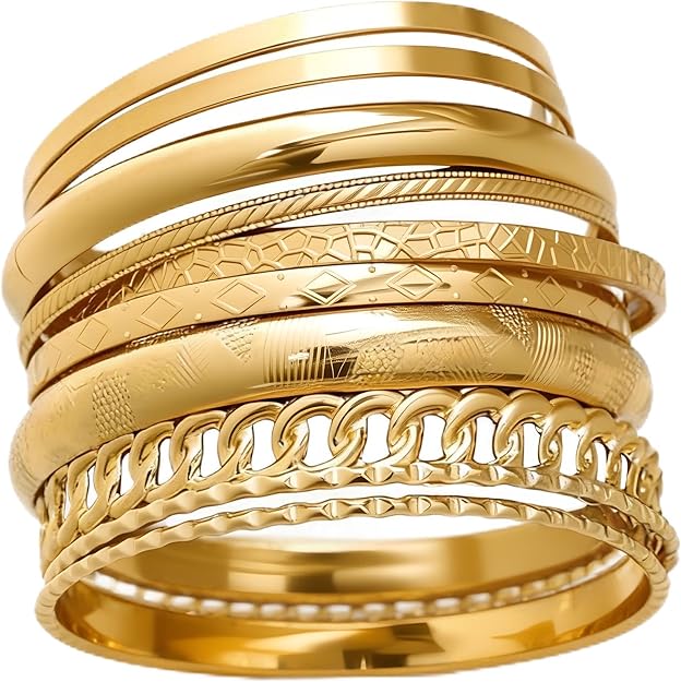 ÎF-ME Gold Stackable Bangles Set — Textured stackable gold bangle bracelet set.