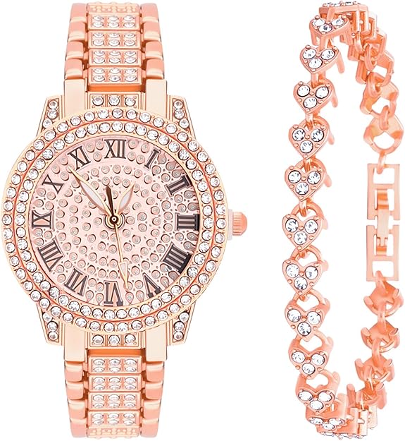 NEWITIN Rose Gold Diamond Crystal Watch & Bracelet Set