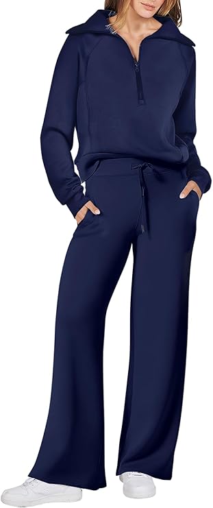 ANRABESS Navy Half-Zip Sweatsuit Set — Coordinated half-zip sweatsuit set for travel and vacation.