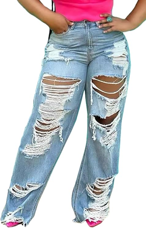 Light Wash Distressed Straight-Leg Jeans — High-waisted distressed straight leg for summer concerts.