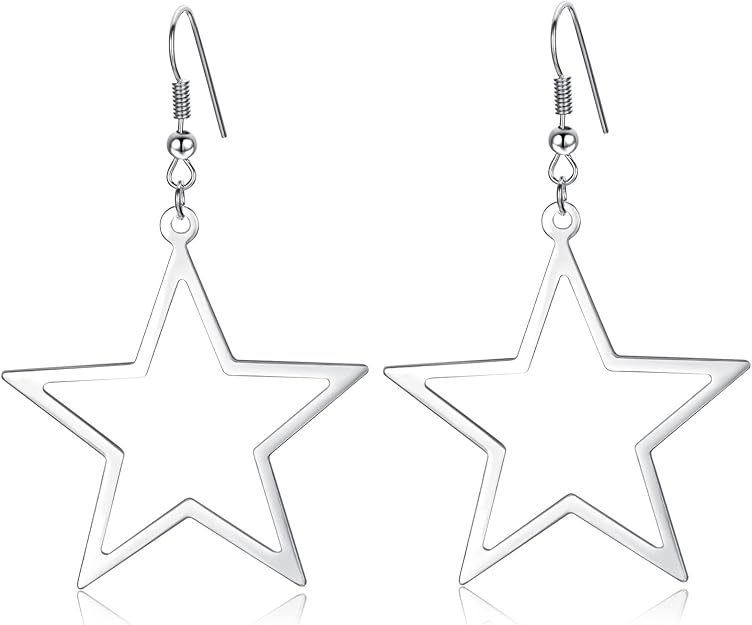Silver Star Dangle Drop Earrings — Simple hollow star dangle drop earrings in silver.