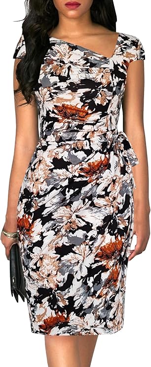 Floral Asymmetrical Neckline Cocktail Dress — Romantic floral cocktail dress with asymmetrical neckline.