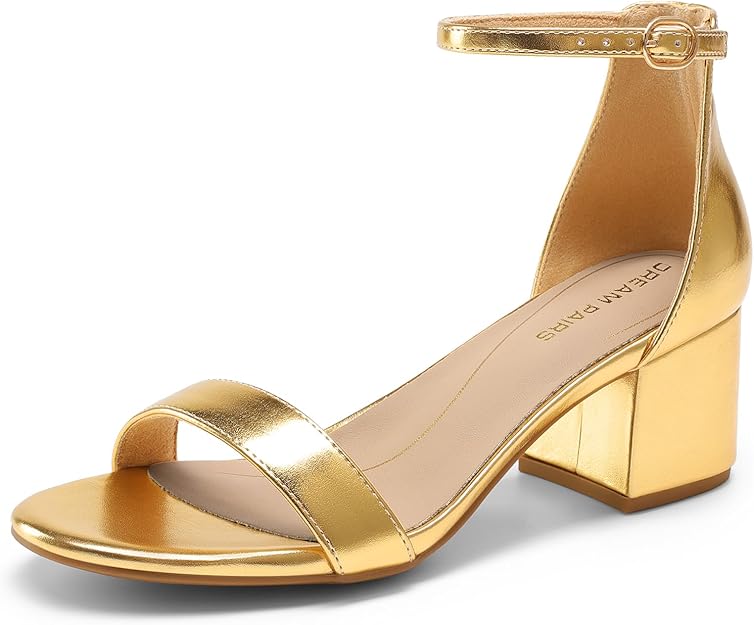 DREAM PAIRS Low Chunky Gold Sandals — Low chunky heel in metallic gold. Makes an outfit without making your feet hurt.