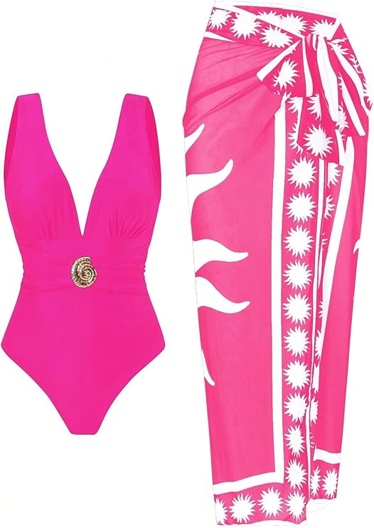 SherryDC Hot Pink Floral Swimsuit + Sarong Set — Floral bathing suit with matching sarong wrap skirt.