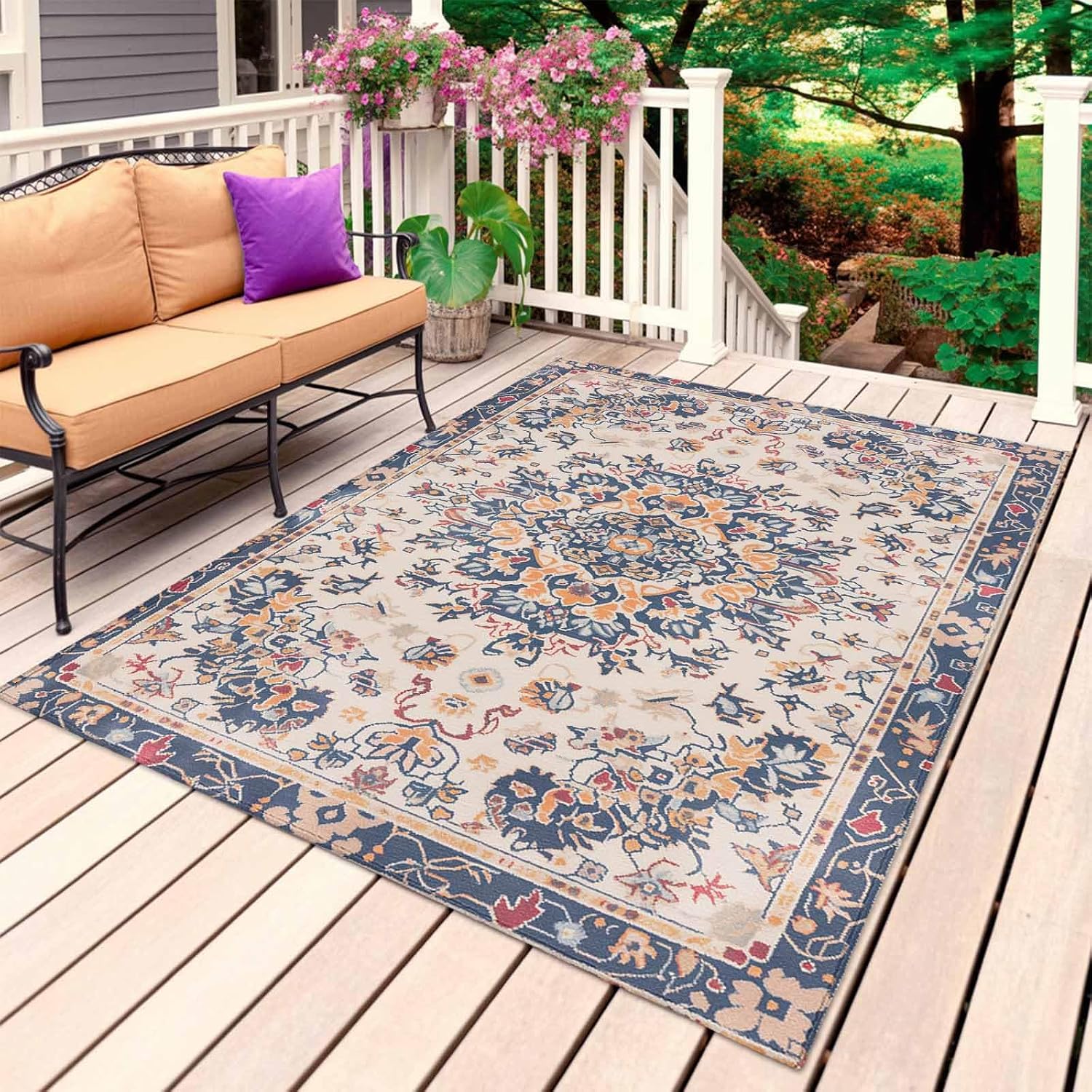Boho Tribal Area Rug — Hand-woven washable area rug with a boho tribal pattern. Non-slip backing. Suitable for indoor/outdoor use including living rooms, courtyards, and patios.