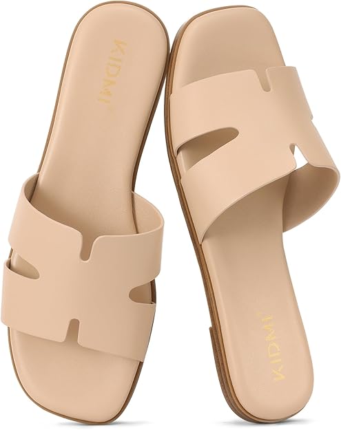 KIDMI Nude H-Strap Flat Slides — Comfortable H-strap flat sandal slides in nude.