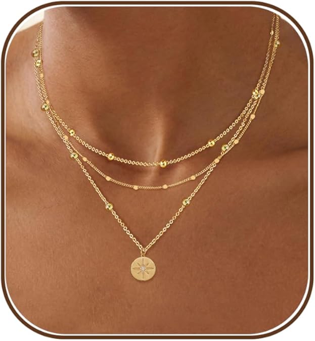 Voduim Layered Gold Pendant Necklace — Stacked layered gold pendant necklace set.