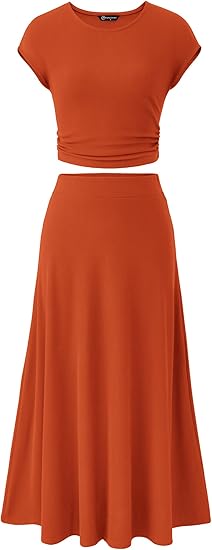 PRETTYGARDEN Rust Crop Top & Midi Skirt Set — Two-piece rust crop top and midi skirt set.
