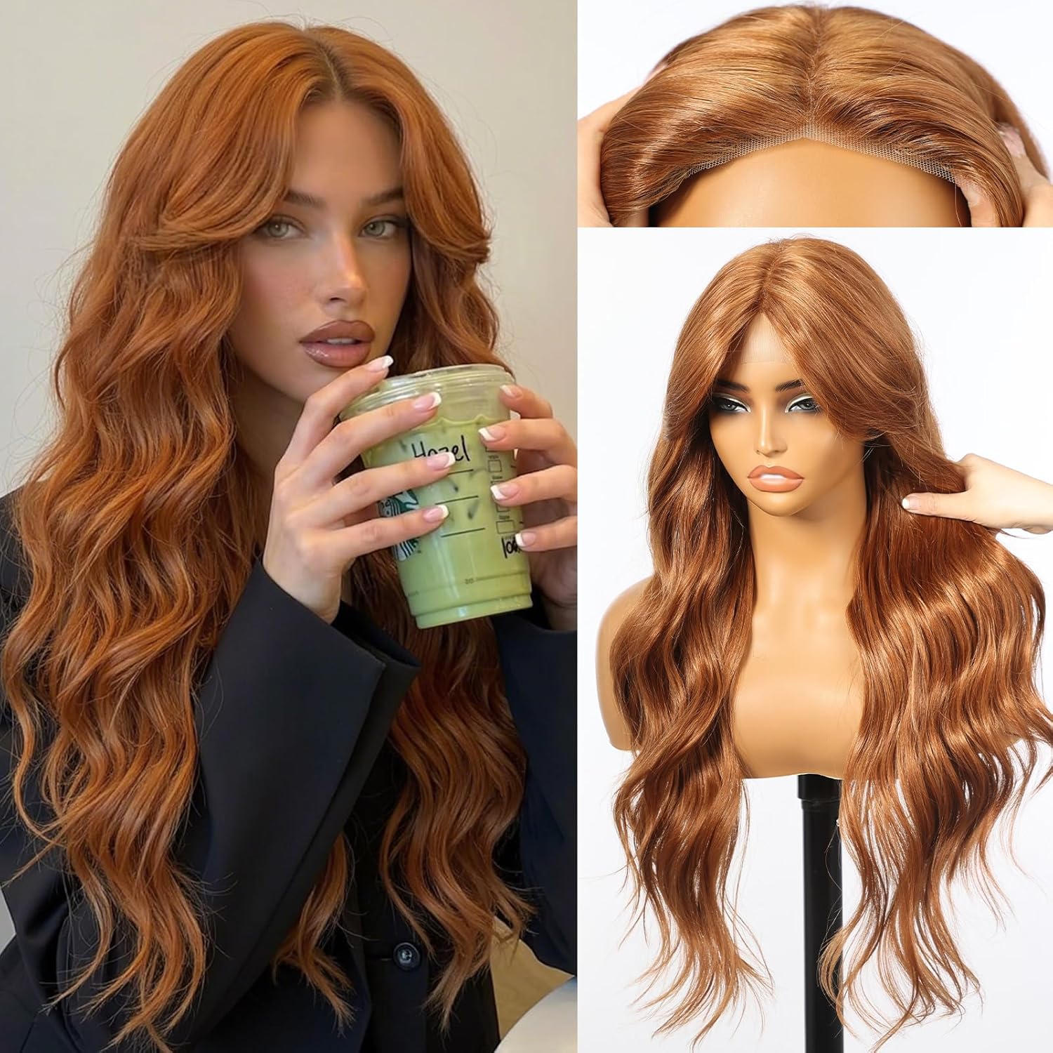 KOME Honey Blonde Wavy Lace Front Wig — Warm honey blonde wavy synthetic wig.