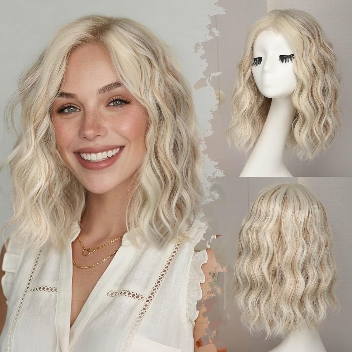 Eawwii Blonde Wavy Bob Wig — Synthetic blonde wavy bob wig with natural hairline.