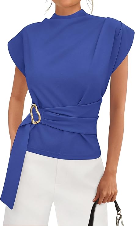 PRETTYGARDEN Blue Belted Mock-Neck Blouse — Spring business blouse with mock neck and belt detail.