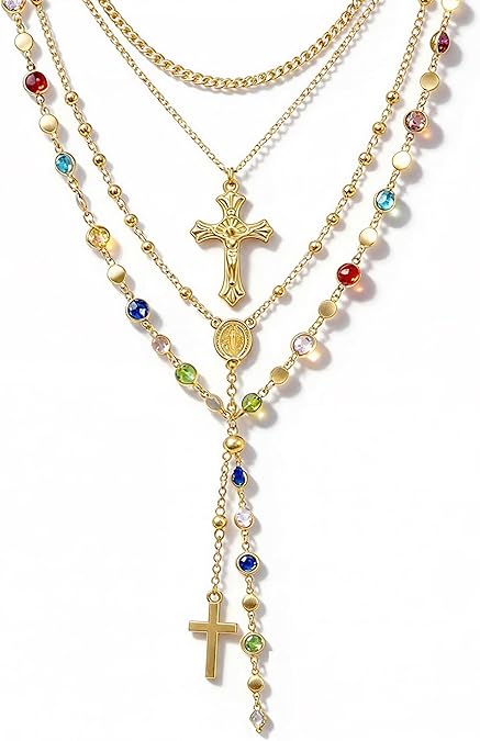 Layered Cross & Crystal Necklace — Layered gold cross pendant necklace with crystals.