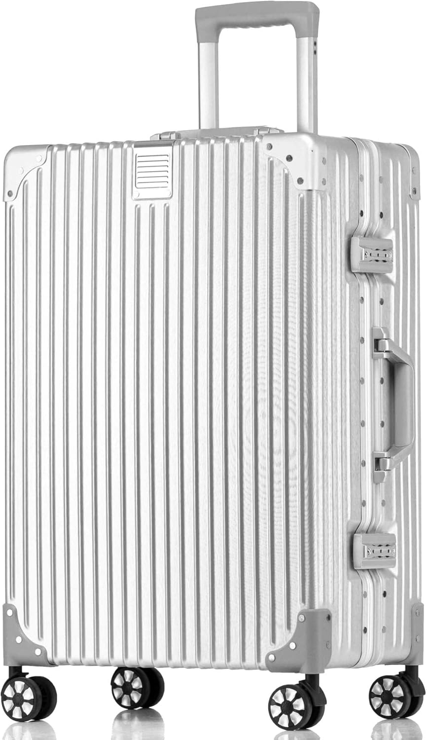HotWay Silver Aluminum Carry-On Luggage — Lightweight aluminum hardshell carry-on suitcase in silver.