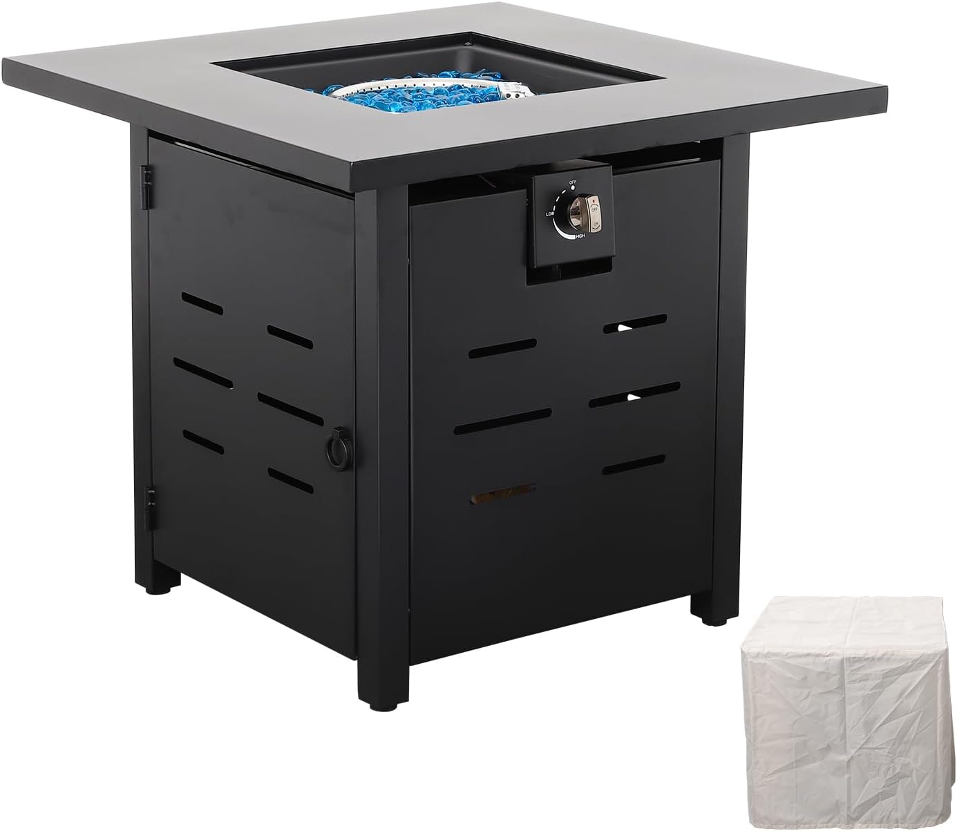 Propane Outdoor Firepit — Crystal firepit with glass rocks. Propane-powered so no mess, no smoke, just ambiance. Our favorite part of the gazebo setup.