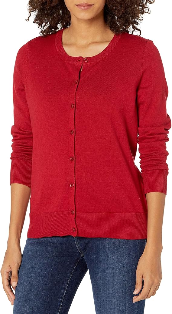 Red Button Cardigan — Classic red button-front cardigan for travel layering.