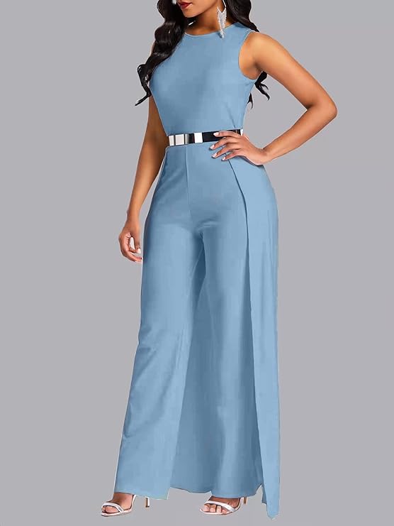 VERWIN Patchwork Embellished Jumpsuit — Blue wide-leg jumpsuit with patchwork and embellishments. High-waist flatters every figure. The guest-of-honor look that's not a dress.