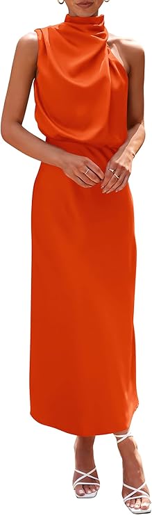 Orange Satin Cowl Neck Midi Dress — Orange satin cowl neck midi dress for evening occasions.
