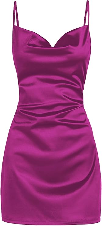ZAFUL Magenta Satin Cowl Mini Dress — Sleeveless spaghetti strap satin cowl-neck mini dress in magenta.