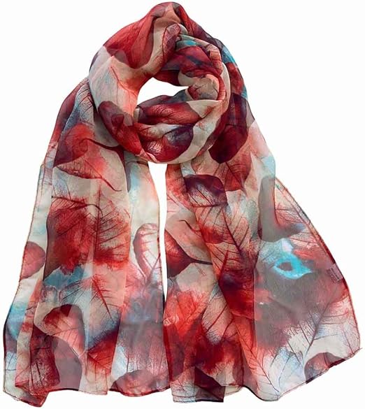 Pokeedioty Red Floral Leaf Print Scarf — Lightweight red floral leaf print scarf.