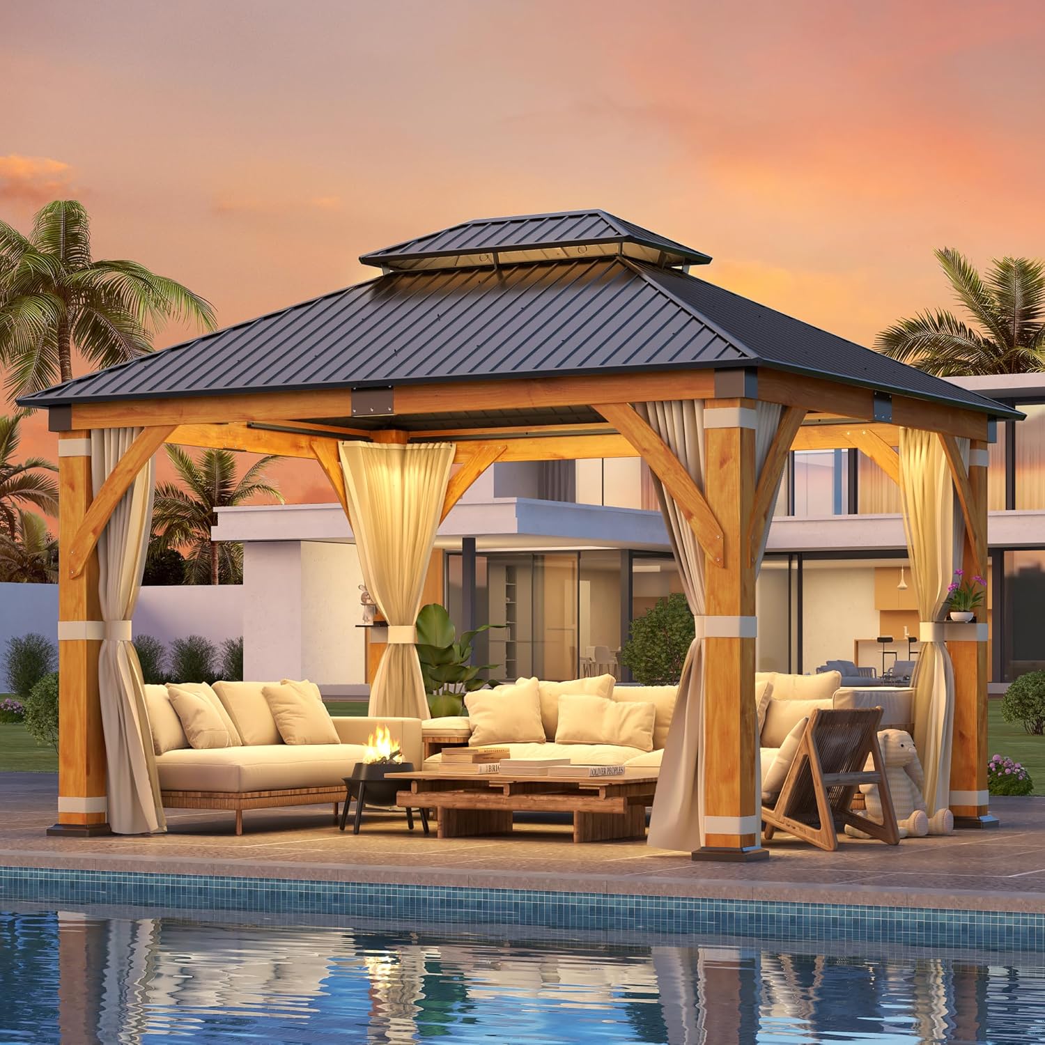 GARTOO Outdoor Spruce Wood Gazebo — Real spruce gazebo with copper roof. My husband and I built this in a single day — yes, a single day. Now it's the centerpiece of our backyard with real furniture and a firepit. This is the real deal.