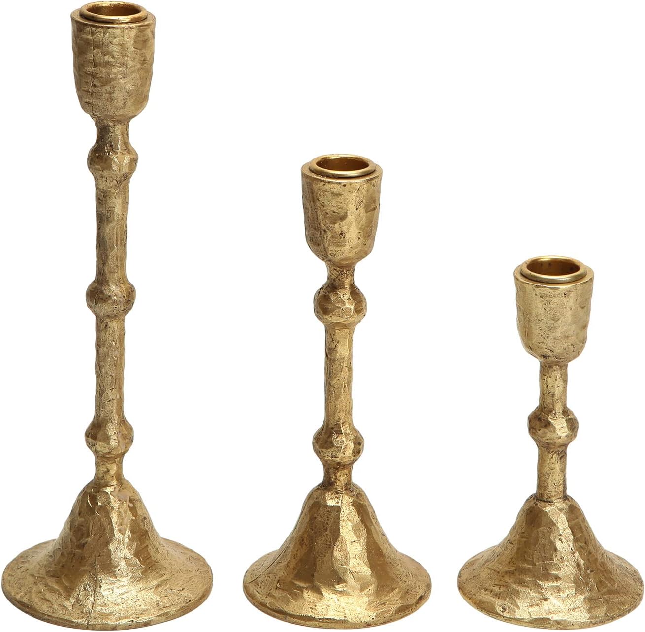 Gold Candlestick Holders Set — Set of 3 taper candlestick holders in antique gold. The warm glow is what makes Mother's Day dinner feel like an event.