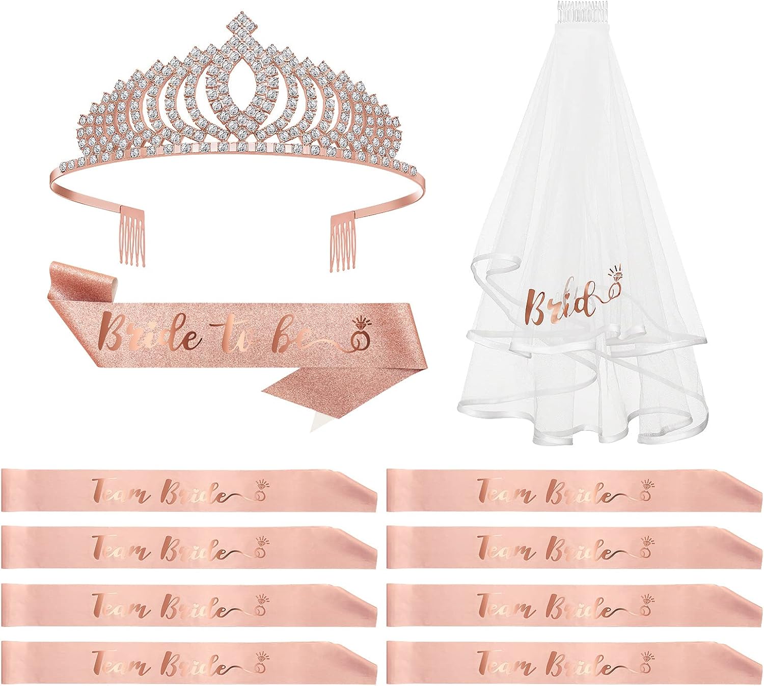 Bachelorette Party Kit — Tiara, Sashes & Veil — Bachelorette party supplies kit with tiara, sashes, and veil.