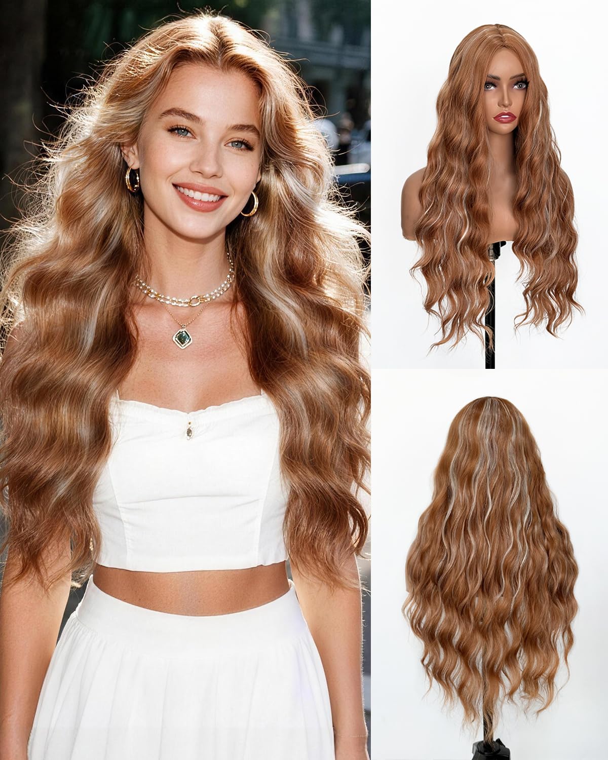 Natural-Looking Long Wavy Wig — Long warm-toned wavy synthetic wig with natural movement.