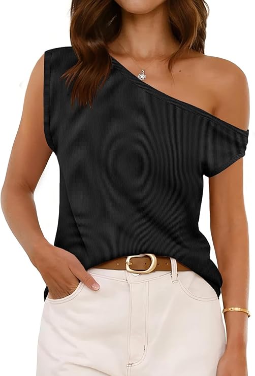 Cicy Bell Black One-Shoulder Ribbed Top — Asymmetrical one-shoulder ribbed knit top. Effortlessly stylish silhouette.