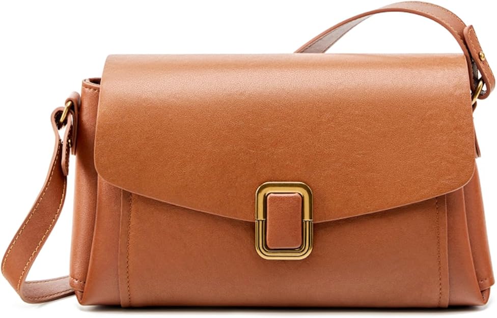 MoreFarther Tan Leather Crossbody Bag — Structured tan leather crossbody with gold buckle hardware.
