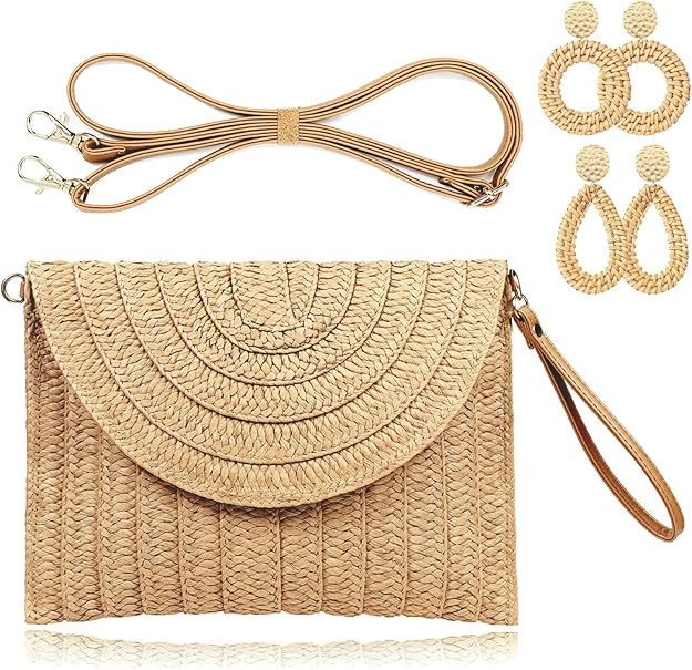 Straw Envelope Clutch with Earrings — Summer straw clutch with bonus matching earrings.