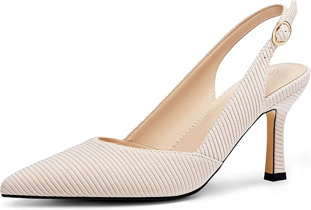 Rilista Nude Slingback Pointed-Toe Heels — Pointed-toe backless slingback heels in nude.
