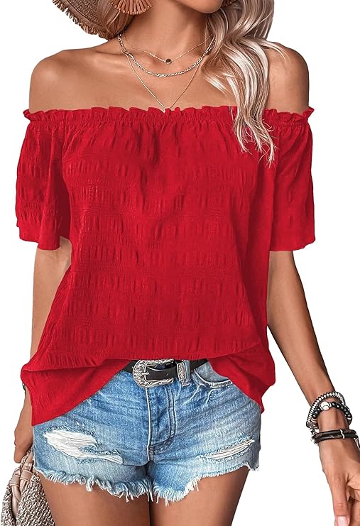 MakeMeChic Red Off-Shoulder Textured Blouse — Red off-shoulder textured summer blouse.