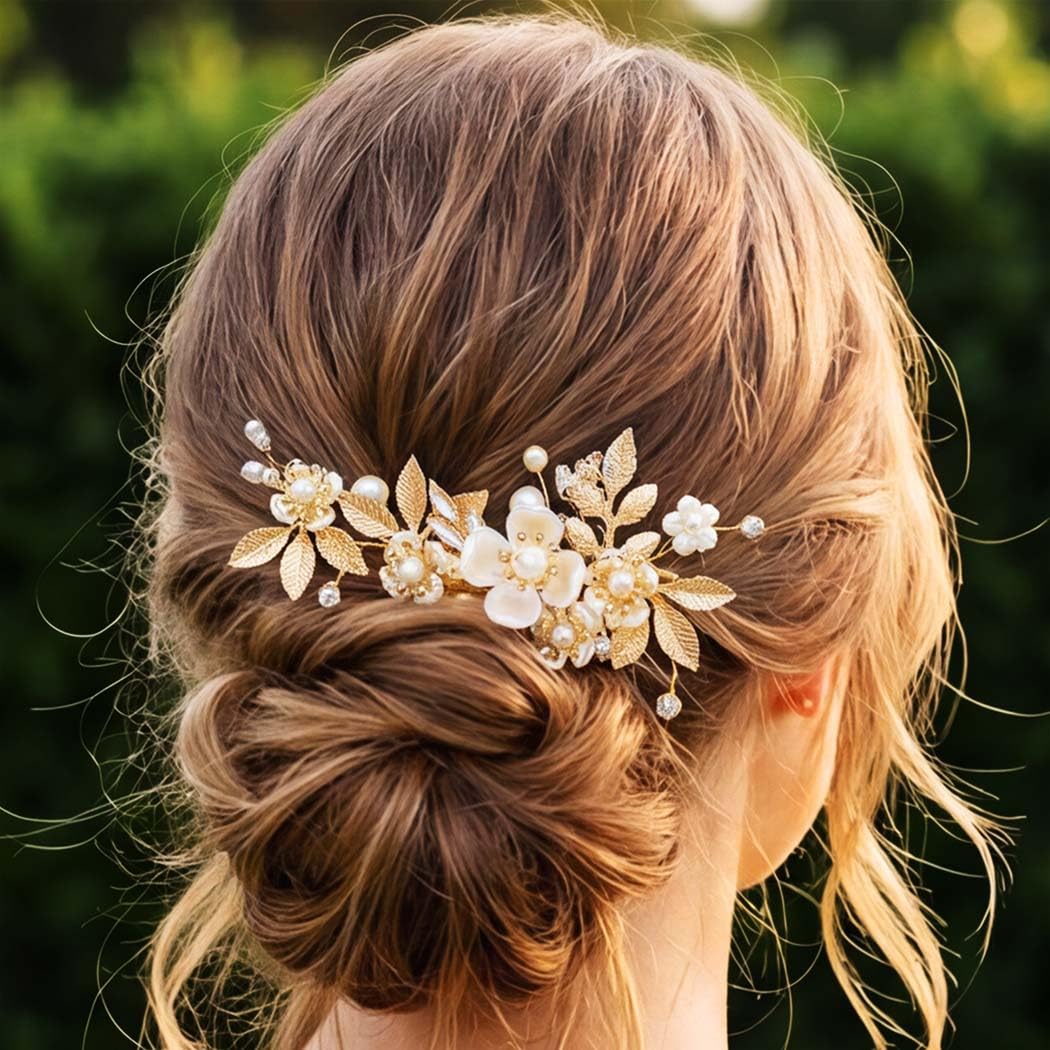 Gold Floral Pearl Hair Comb — Gold floral pearl hair comb for elegant hairstyling.