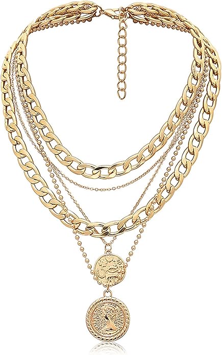 MJartoria Layered Gold Coin Necklace — Layered gold coin pendant necklace.