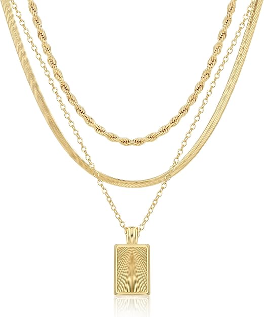 MFRYK Gold Layered Pendant Necklace — Stackable multilayer herringbone gold necklace with pendant.