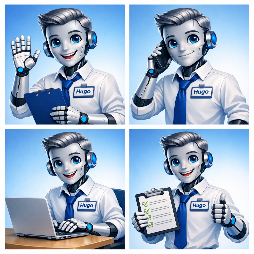 Hugo — waving, phone, laptop, checklist composite