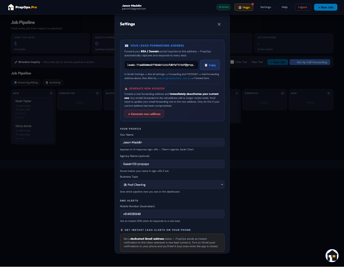 Settings top — SMS and email alert toggles