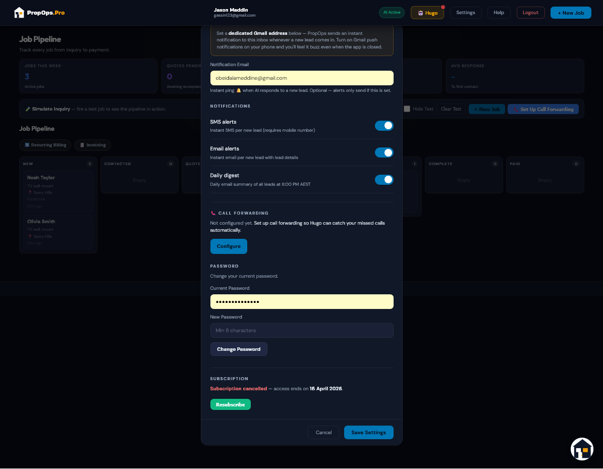 Settings bottom — notification email setup